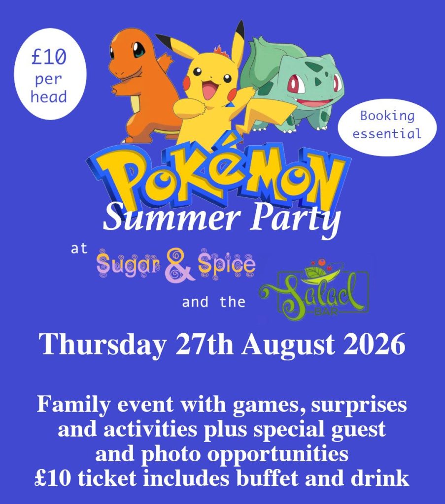 Pokemon Summer party
Thursday 27th August 2026
Family event with games, surprises
and activities plus special guest
and photo opportunities
£10 ticket includes buffet and drink